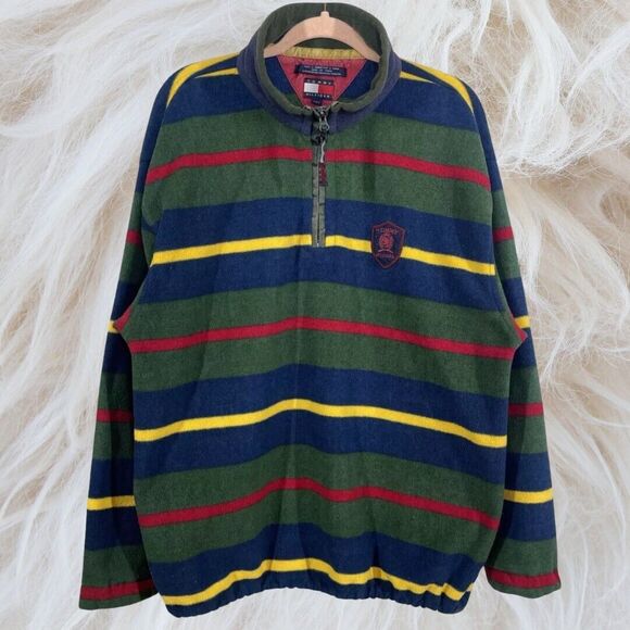 Vintage 90’s Tommy Hilfiger Sweater Mens Large Fuzzy Oversized Fleece Crest Logo - Picture 1 of 16